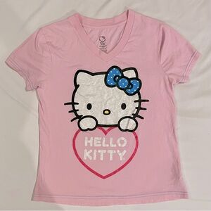 Hello Kitty pink & glitter heart & face sleep V neck tee blue bow Sanrio kawaii
